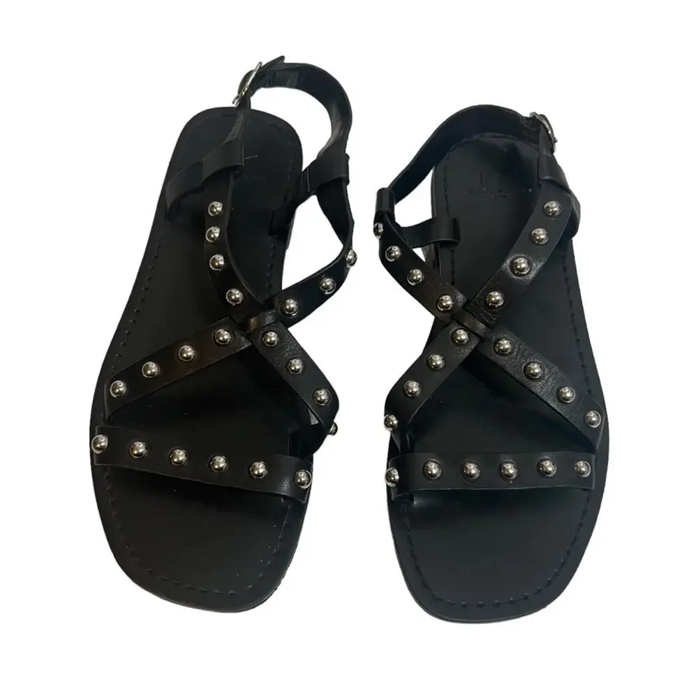 MARC FISHER Fianna Flat Studded Leather Sandals black silver Sz 8